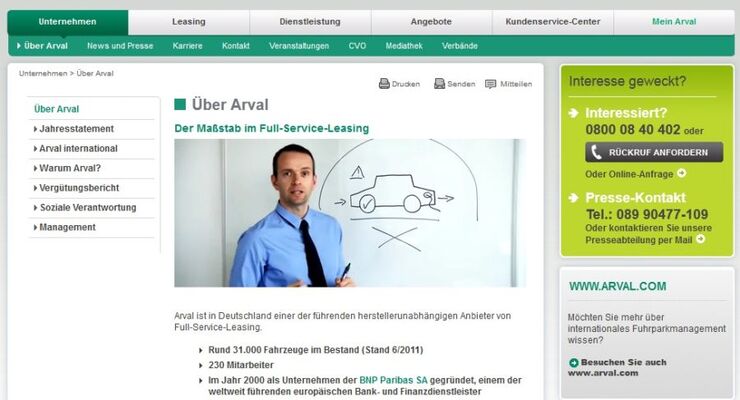 Arval, Screenshot, Homepage, Februar 2012